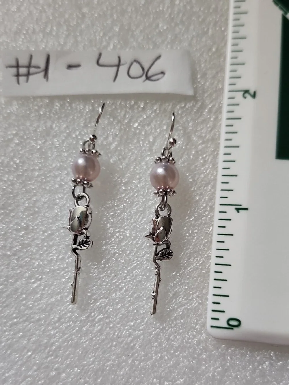 Hand Crafted Silver Rose Drop Earrings with Pale Pink Pearls